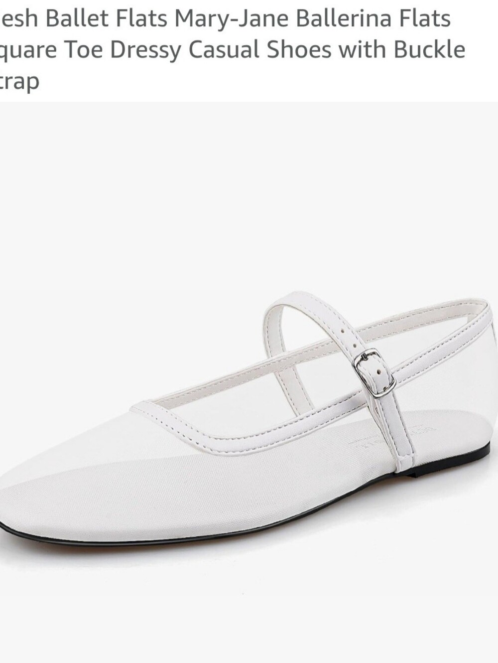 White Mesh Mary-Jane Ballet Flats with Buckle Strap